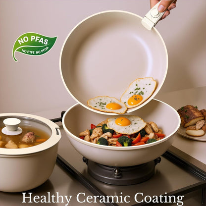 Pots and Pans Set Non Stick, Ceramic Cookware Set Detachable Handle, RV Camping Kitchen Cooking Set Removable Handles, Dishwasher/Oven/Fridge Safe, Induction, Space Saving，Cream White4