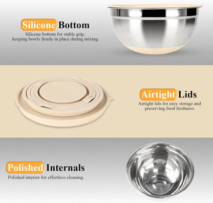 Mixing Bowls with Airtight Lids Set, Non-Slip Silicone Bottoms, Khaki5