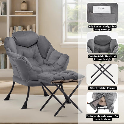 Lazy Chair with Ottoman, Comfy Reading Chair, Darkgrey | Cushioned Seat with Foldable Ottoman and Side Pocket, Lounge Chair for Bedroom, Living Room, Dorm and Small Spaces5