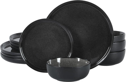 Tahoe Sunset 12 Piece Stoneware Reactive Glaze (Service for 4) Ceramic Plates and Bowls Dinnerware Set - Black1