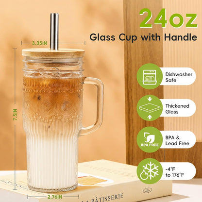 Glass Tumbler, 24 Oz Ice Coffee Cups with Bamboo Lid and Handle | Stainless Steel Straws and Cleaning Brushes, Boho Pattern Design for Iced Coffee, Smoothies, Tea and Daily Drinks3