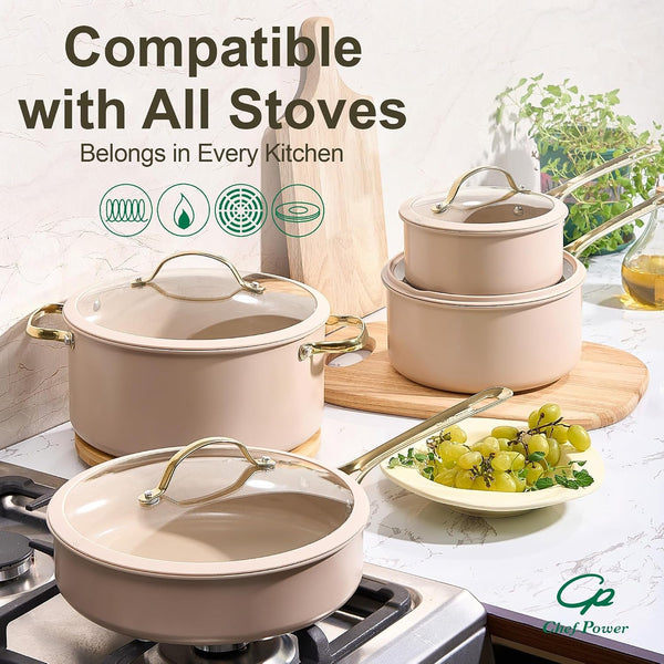 Ceramic Cookware Sets, 15Pcs Pots and Pans Set Non Stick, Cookware Set with Stainless Steel Handle, Dishwasher & Oven Safe, Taupe and Light Gold Handle5