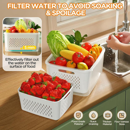 5-Pack Fruit Storage Containers for Fridge with Removable Colanders, 4 in 1 Produce Storage Containers with Lids, Leakproof Fridge Organizer Bins for Salad Berry Lettuce Vegetables Meat Keeper Fresh3