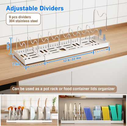 2 Pack Pots and Pans Organizer under Cabinet, 22" Expandable Food Storage Container Lid Organizers with 9 Adjustable Dividers Pot and Pan Lid Holders Rack inside Cabinet/Countertop(White)2