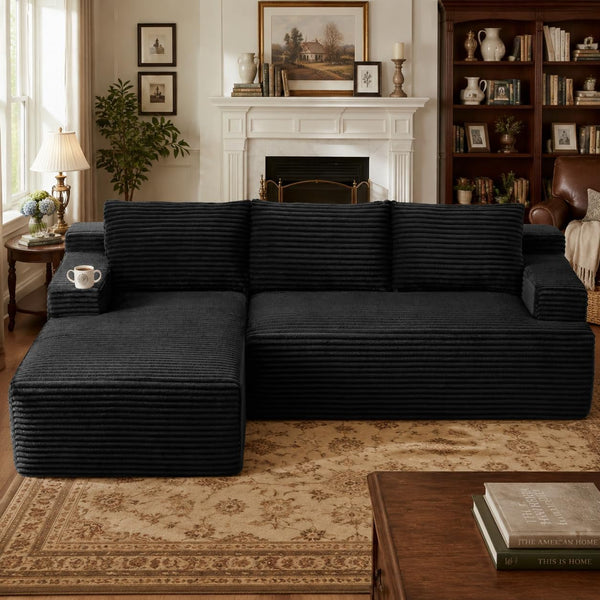96" Corduroy Sectional Sofa Boneless Couches for Living Room - L Shaped Compressed Cloud Couch with Left Facing Chaise Lounge and Side Pockets3