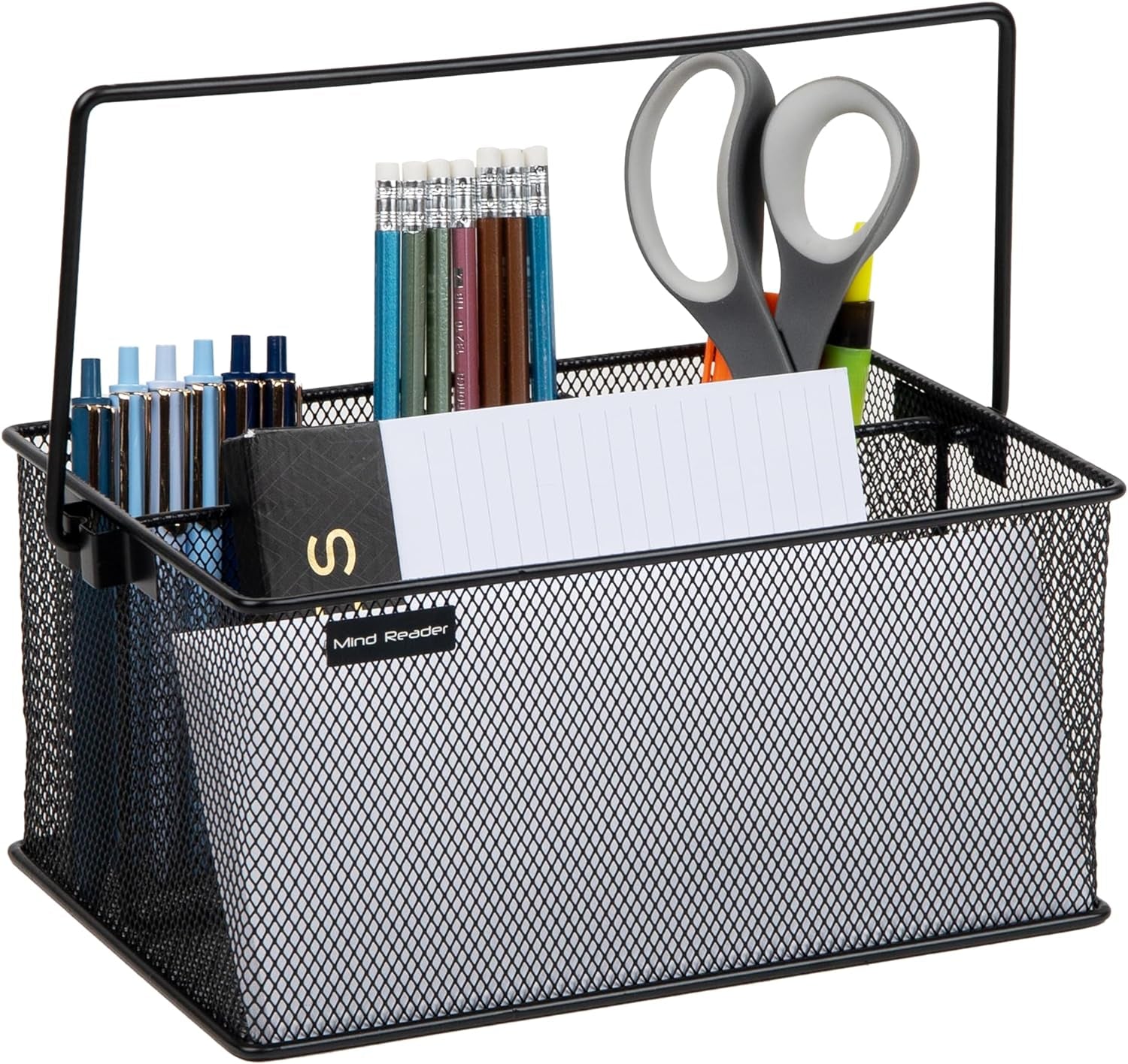multi-purpose-storage-caddy-with-handle-desktop-organizer-cutlery-holder-4-compartments-metal-mesh-black