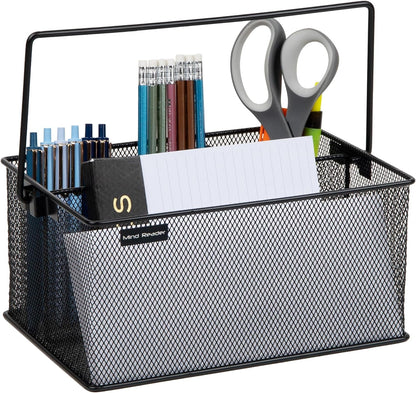 Multi-Purpose Storage Caddy with Handle, Desktop Organizer, Cutlery Holder, 4 Compartments, Metal Mesh, Black4