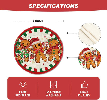 Gingerbread Candy Cane Merry Christmas round Placemats Set of 4, 14 Inch Winter round Table Mats for Dining Decoration6