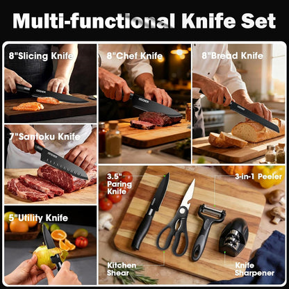 Knife Set, 10 Piece Kitchen Knife Set with Block and Sharpener, Anti-Rust Stainless Steel Knives Set for Kitchen, Chef Universal Knife Block Set, Dishwasher Safe, Ergonomical Design, Black5