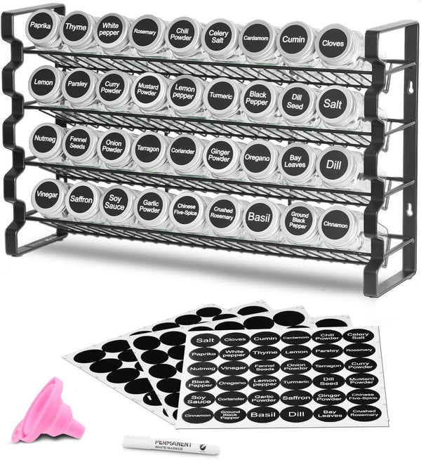 Spice Rack Organizer for Cabinet, Spice Organizer with 36 Empty Spice Jars, Lids, Spice Labels, and Funnel Complete Set, Seasoning Organizer for Countertop, Kitchen, Pantry, Cupboard, 18X11 In1