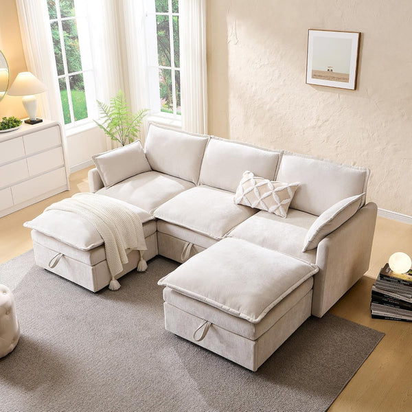 85.83" Modular Sectional Cloud Couches for Living Room, Modern Sectional Sofa with Storage Ottoman, U-Shape 5 Seat Chenille Cloud Sofa with Pillows for Bedroom and Apartment, Beige3