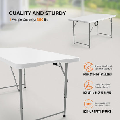 4 FT Plastic Folding Camping Table,3-Level Adjustable Height, Portable In/Outdoor Party Picnic Dining Desk, Garden Soccer Multipurpose Entertaining Activities，White3