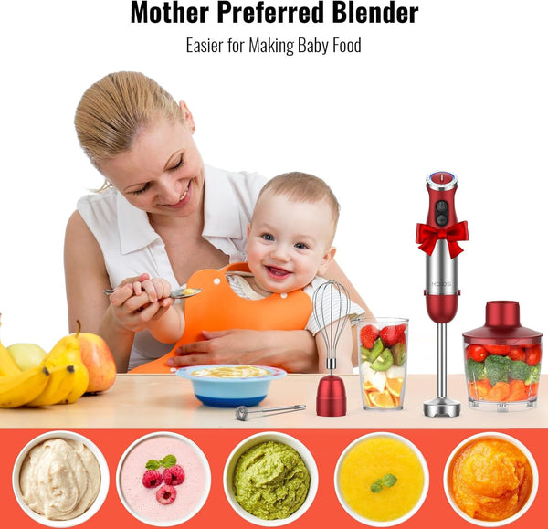 5-In-1 Hand Immersion Blender, 1000W 12 Speed Handheld Blender Stick with Copper Motor Stainless Steel Blade, 600Ml Mixing Beaker,500Ml Food Processor, Whisk, Milk Frother, Non-Bpa, Red2