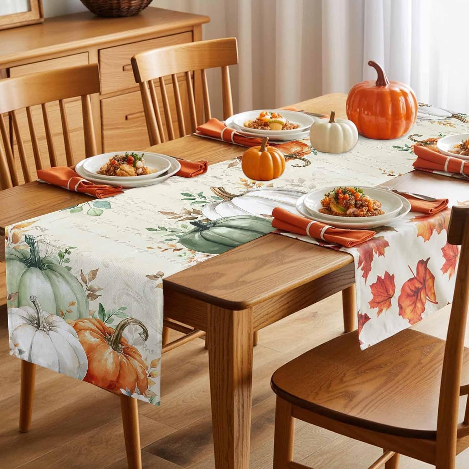 fall-table-runner-13x90-inches-long-thanksgiving-sage-green-pumpkin-runner-for-table-floral-autumn-eucalyptus-leaves-table-runners-cotton-linen-dresser-scarf-for-kitchen-coffee-dining-holiday-party
