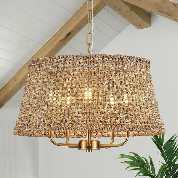 19.7" Boho Rattan Chandelier, 5-Light Gold Wicker Light Fixture1