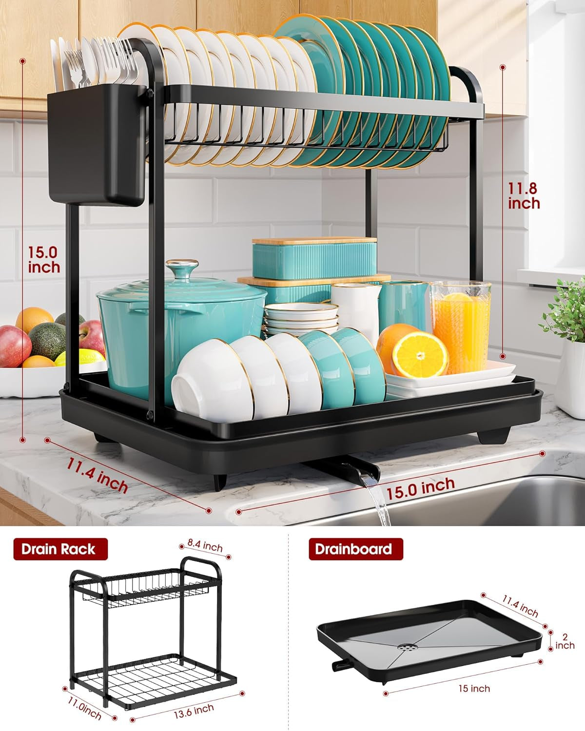 2-tier-dish-drying-rack-stainless-steel-dish-rack-with-cutlery-utensil-holders-for-kitchen-counter-sink-organization-and-storage-for-small-family-15-w-x-11-4-l-x-15-h-black