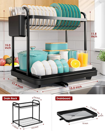 2-Tier Dish Drying Rack - Stainless Steel Dish Rack with Cutlery & Utensil Holders for Kitchen Counter, Sink Organization and Storage for Small Family, 15" W X 11.4" L X 15" H, Black5