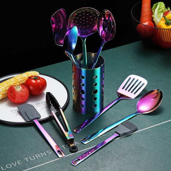 Rainbow Kitchen Utensils Set,13 Pieces Stainless Steel Cooking Utensils Set with Titanium Rainbow Plating,Kitchen Tools Set with Utensil Holder for Non-Stick Cookware Dishwasher Safe (13 Packs)4