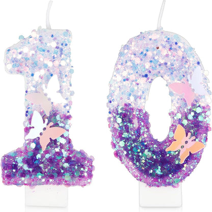 Birthday Candles Number 10 Candle, Butterfly 10Th Birthday Decorations for Women/Girl, Purple Happy Birthday Candle for Cake, Handmade Sequin Numeral Candle Wedding Cake Topper Anniversary Party Decor1