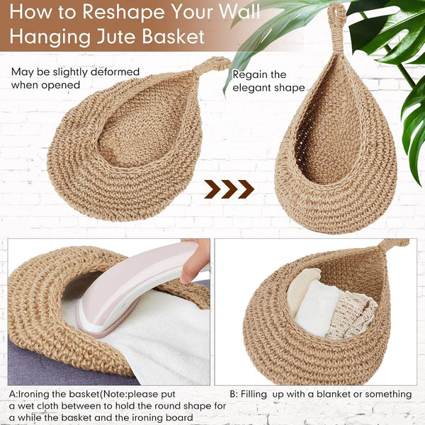 3 Hanging Baskets, Light Linen, Teardrop, Cotton Rope3