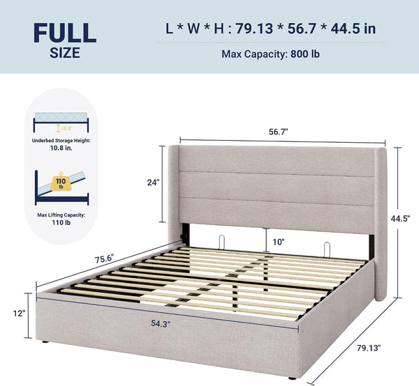 Full Size Lift up Hydraulic Storage Bed Frame Light Beige2