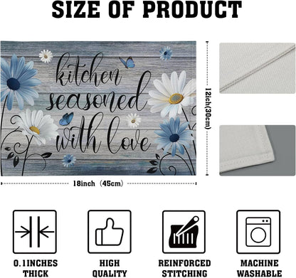 Rustic Farmhouse Quote Placemat Set of 4, 12X18 Inch Daisy Flowers Kitchen Seasoned with Love Grey Linen Washable Table Mats for Home Party Indoor Kitchen Dining Decoration4