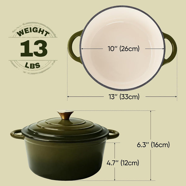 Vintage Style 6 Quart Dutch Oven Pot with Lid, Non Stick Enameled Cast Iron Dutch Oven for Bread Baking, Heavy-Duty, Oven Safe Ceramic Cookware up to 500°F for Baking, Braising, Stews, Roasting, Golden Green4