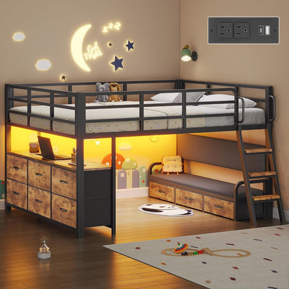 Low Loft Bed Twin with Desk, 9 Storage Drawers, Rustic Brown1