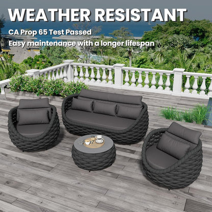 Woven Rope Patio Furniture Set: 4 Pieces Aluminum Outdoor Conversation Sofa Set Assembled - Modern Couch Set Cushioned - All Weather Metal Porch Seating for 5 Person Deck Garden Hotel, Dark Gray2