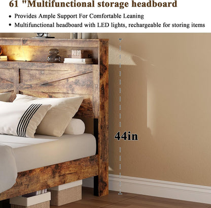 Farmhouse Queen Size Bed Frame with Wooden Storage Headboard5