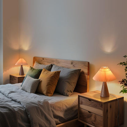 Wood Small Table Lamp, Mini Cute Table Lamp, Pleated Table Lamp,Wooden Grain Bedroom Lamps for Nightstand, Small Scalloped Lamp Shade Table Lamps for Small Spaces for Bedroom,Living Room8