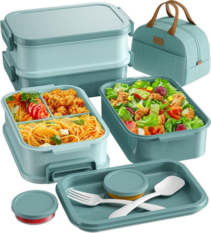 Adults Bento Lunch Box Set with Thermo Bag, 74Oz Stackable Leak-Proof 3-Tiers Bento Box, Built-In Utensil and Sauce Container for Work, School, Dining Out (Green)1