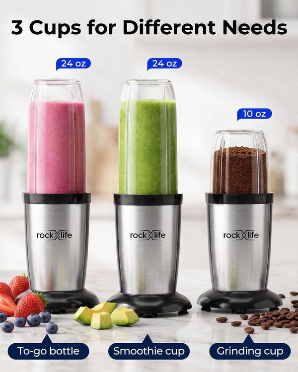 Personal Blender, Silver, 2-In-1 Smoothie Maker & Grinder | for Smoothies, Protein Shakes, Ice Crushing, Coffee Beans, Spices and Nuts; Bpa-Free Dishwasher-Safe Cups5