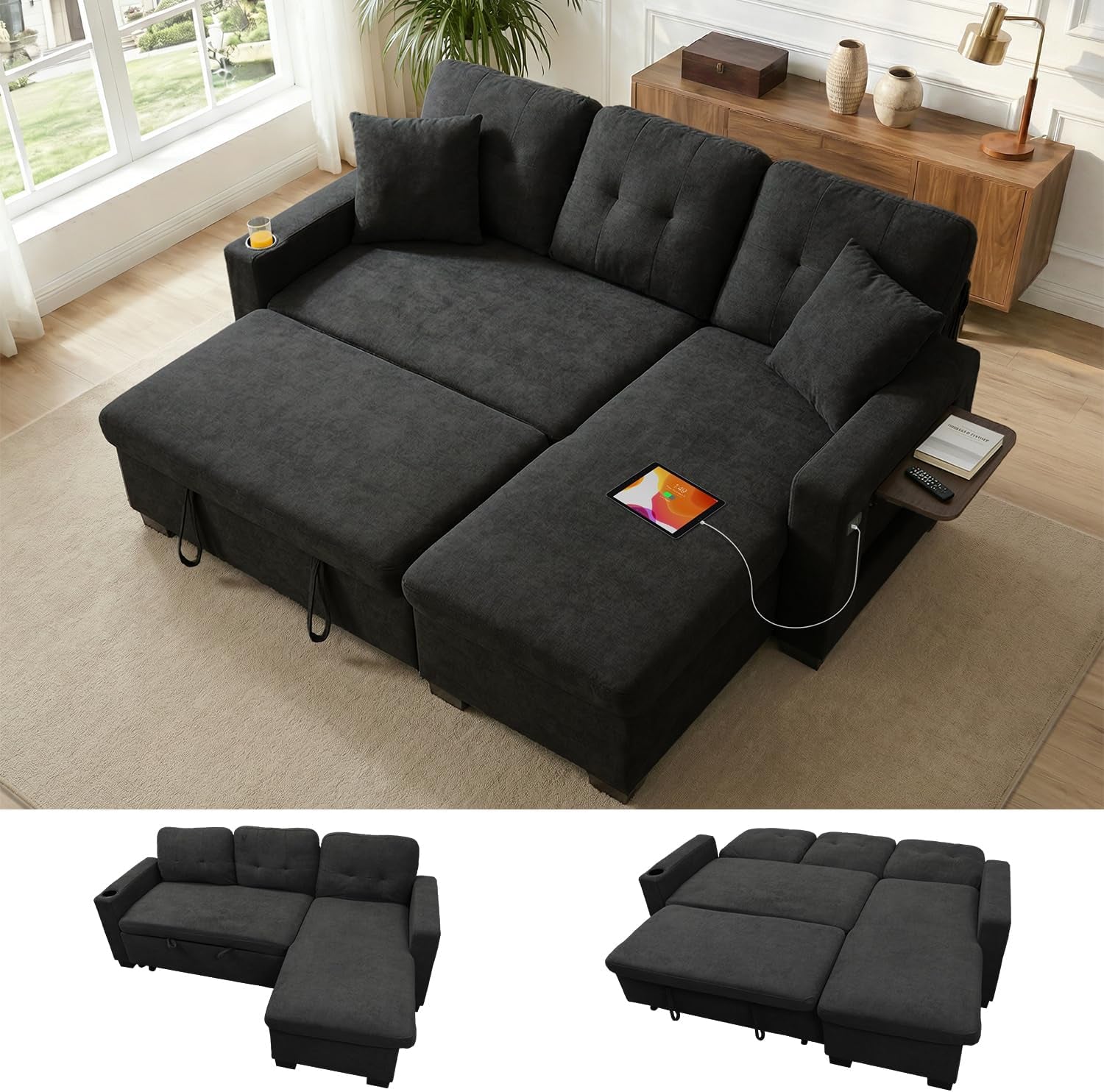 82-l-shaped-sleeper-sofa-bed-pull-out-sectional-couch-with-storage-chaise-reclining-backrest-sectional-couches-for-living-room-with-usb-port-foldable-table-cup-holder-side-pocket-black