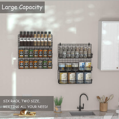 6-Tier Spice Rack Organizer with Door Hook, Wall Mounted & over the Door Spice Racks for Kitchen Pantry Door Cabinet, Two Size, Large Capacity, Black8
