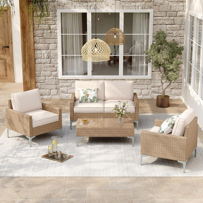 4-Piece Patio Furniture Set,Outdoor Wicker Patio Conversation Set with Tempered Glass Table,All-Weather Rattan Sectional Loveseat&Chairs with Thick Cushions for Garden,Deck,Backyard-Beige1