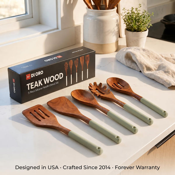 DI ORO Wooden Kitchen Utensil Set - 5 Pc Spoon & Spatula, Sage6