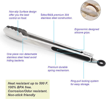 304 Stainless Steel Kitchen Cooking Tongs, 9" and 12" Set of 2 Sturdy Grilling Barbeque Brushed Locking Food Tongs with Ergonomic Grip, Black5