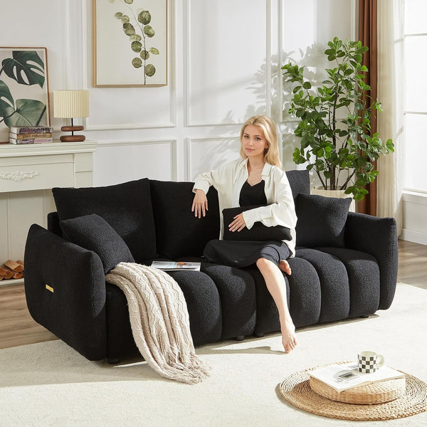 78" Modern Sofa Couch, Comfy Deep Seat Teddy Fabric Cloud Sofa, Upholstered 3-Seater Boucle Couch, Oversized Loveseat for Living Room, Bedroom, Office, Apartment, Black4