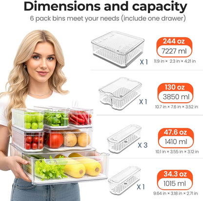 Clear Fridge Bins with Drain Trays - Bpa-Free PET, Stackable(6 Pack)6