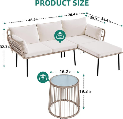 3 Piece Patio Furniture Set Wicker Patio Sectional with Detachable Cushions and Coffee Table Outdoor Furniture Set L-Shaped Sectional Conversation Sofa Set for Backyard Porch Balcony - Beige4