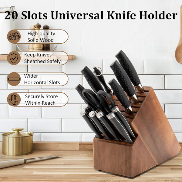 Knife Block for Kitchen Countertop - 20 Slot Universal Knife Holder with Acacia Wood, Large Knife Storage Organizer for Butcher Block, Knife Block Storage without Knives, Easy for Knife Set3