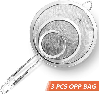 3Pcs Super Wire Extra Fine Mesh Strainer with Handle, Small Medium Large Size Sifter Metal Strainer Set, Stainless Steel Sieve Fine Mesh Strainers for Kitchen Rice Juice Quinoa Food Flour Baking7