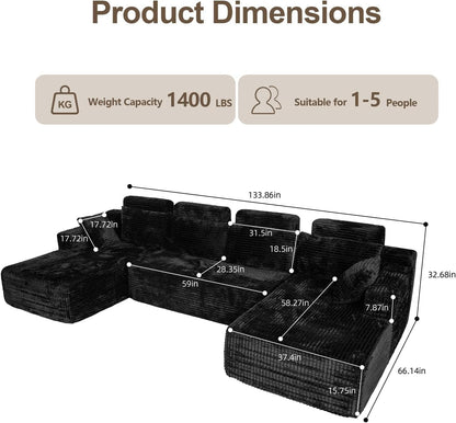 Boneless Couches for Living Room - 134" Modular Sectional Sofa U Shaped Oversized Deep Seat High Back Corduroy No Assembly Modern Cloud Big Comfy Floor Couches (Black)2