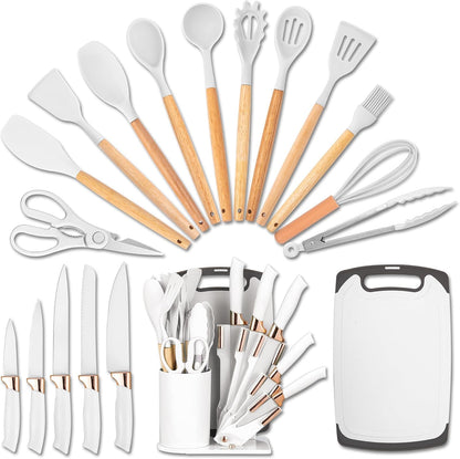 19-Piece Kitchen Utensil and Knife Set, Black (White) | 11 Food-Grade Silicone Tools, 5 Nonstick-Coated Stainless Steel Knives, Bamboo Handles, Cutting Board and Fan-Shaped Holder1