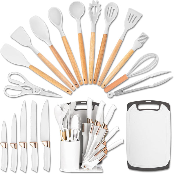19-Piece Kitchen Utensil and Knife Set, Black (White) | 11 Food-Grade Silicone Tools, 5 Nonstick-Coated Stainless Steel Knives, Bamboo Handles, Cutting Board and Fan-Shaped Holder1