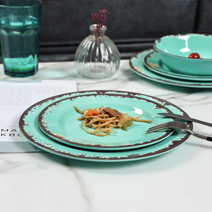 Rustic Melamine Dinnerware Set,12Pcs Plates and Bowls Sets-Green8