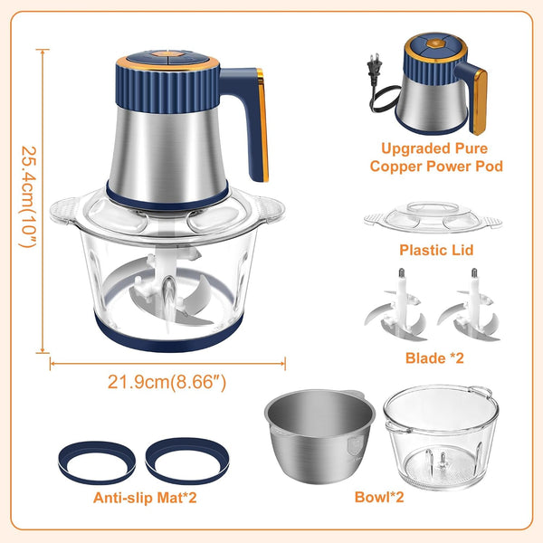 Food Processor, 5 Speed Meat Grinder with 2 Bowls(8 Cup+8 Cup), Blue | 4 Bi-Level Blades Electric Food Chopper, Mini Kitchen Cutter for Vegetable Onion Garlic Meat6