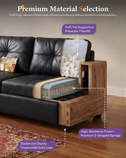 88'' Black Faux Leather Couch with USB, 3-Seater4