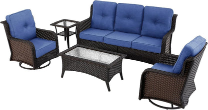 5 Piece Wicker Patio Furniture Set, High Back Outdoor Couch with Swivel Chairs & Coffee Table, 6" Thick Cushion Patio Conversation Sets with Deep Seating for Yard, Deck (Blue)9